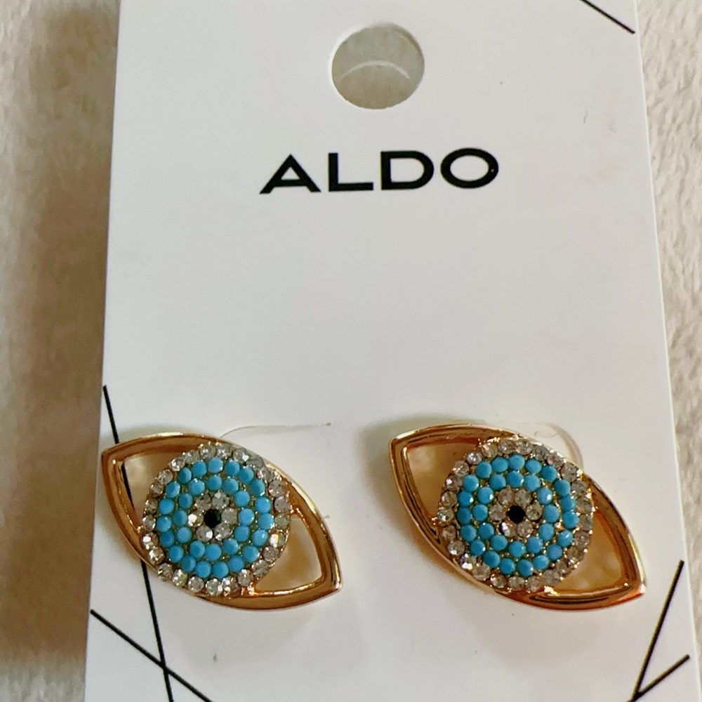 Aldo evil eyes 🧿 earrings gold tone silver and blue diamonds paved studs
